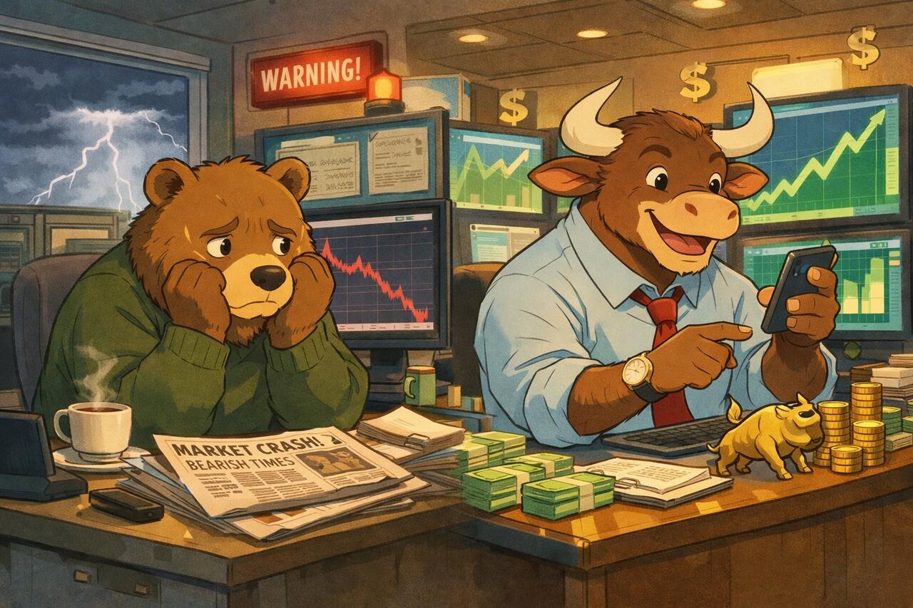 Bull enjoys the rally while a bear looks on uncomfortably.
