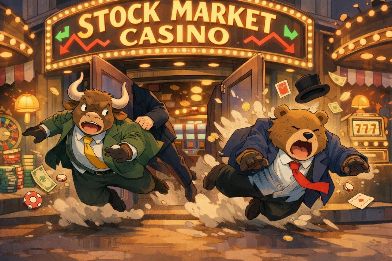 An anthropomorphic bull and bear getting tossed out of the stock market casino.