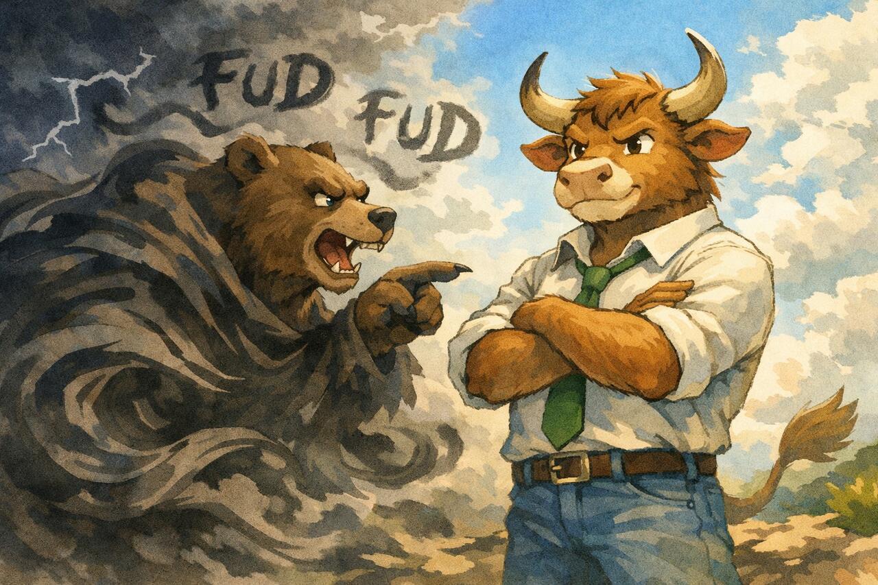 An anthropomorphic bull resisting an anthropomorphic bear's FUD.