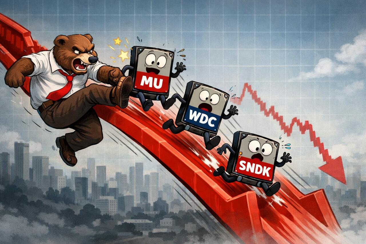 An anthropomorphic bear kicking memory stocks down a stock chart.