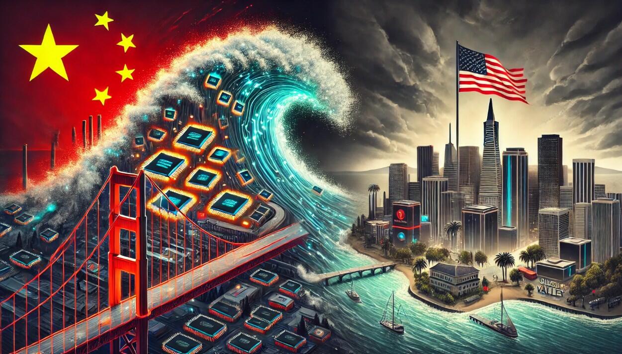 AI imagery about China overwhelming U.S. tech. 