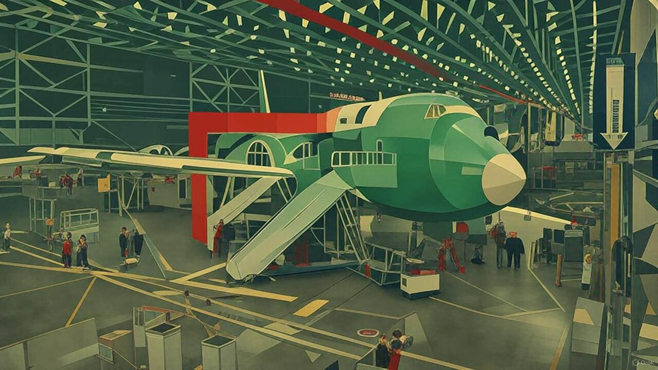 An Art Deco take on a Boeing assembly plant. 