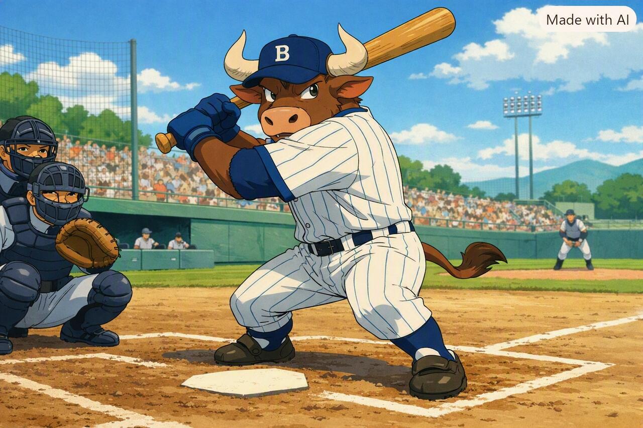 An anthropomorphic bull taking a second swing.