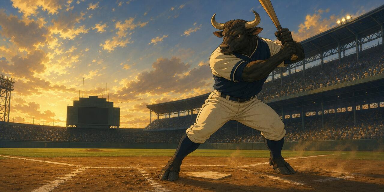 An anthropomorphic bull at home plate ready to swing.