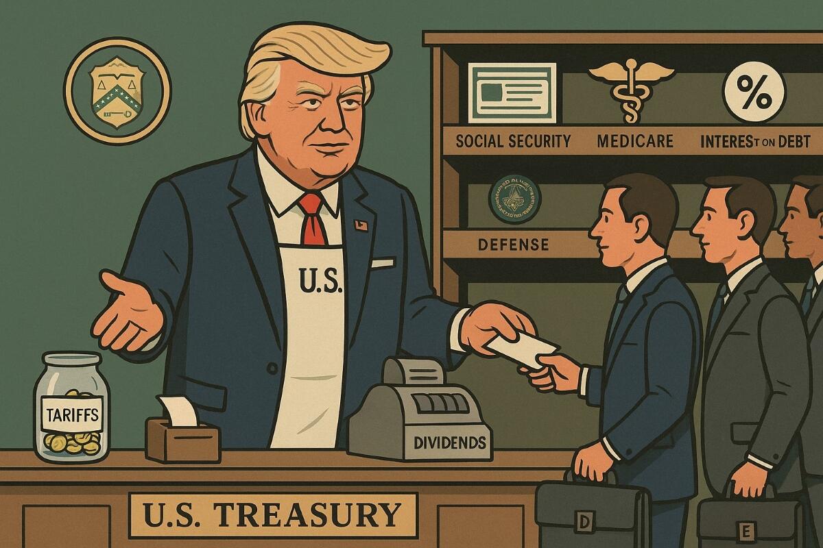 Trump as the nation's shopkeeper, collecting dividends and tariffs.