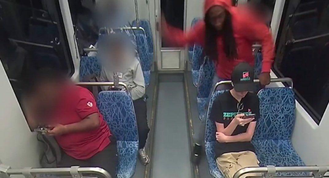 Decarlos Brown Jr, (right, standing), a moment before “allegedly” stabbing Iryna Zarutska to death on the light rail in Charlotte.