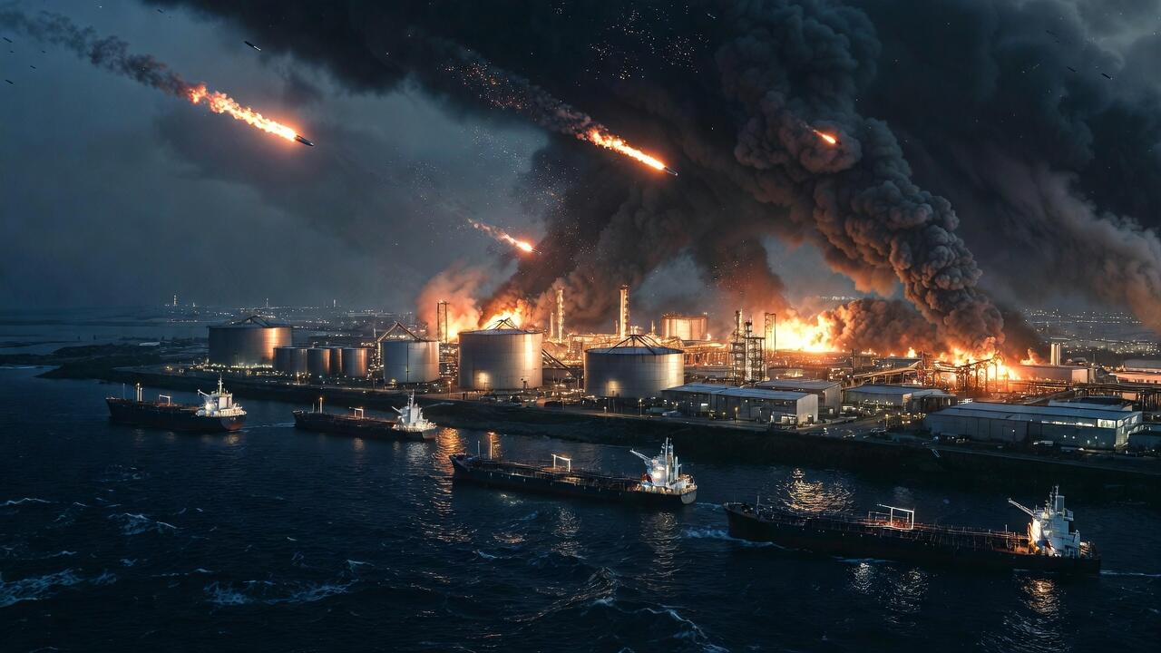 An oil terminal under attack. 