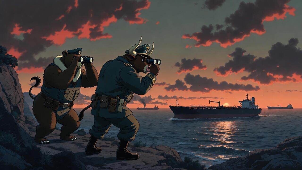 An anthropomorphic bull and bear looking out over the Strait of Hormuz.