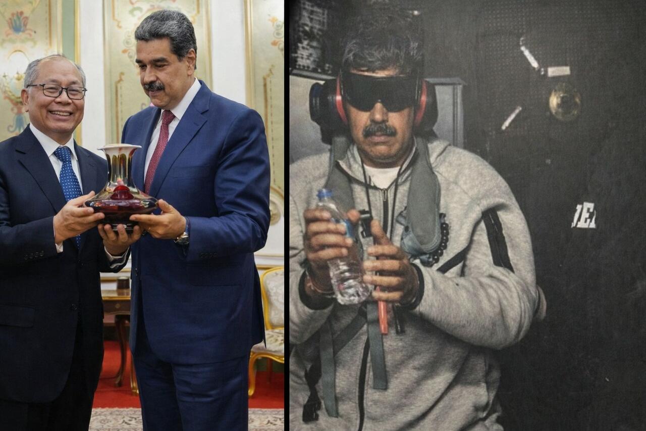 President of Venezuela Nicolás Maduro meeting with Special Representative of the Chinese Government for Latin American Affairs Qui Xiaoqi (left) and, hours later, in U.S. custody aboard the USS Iwo Jima (right).