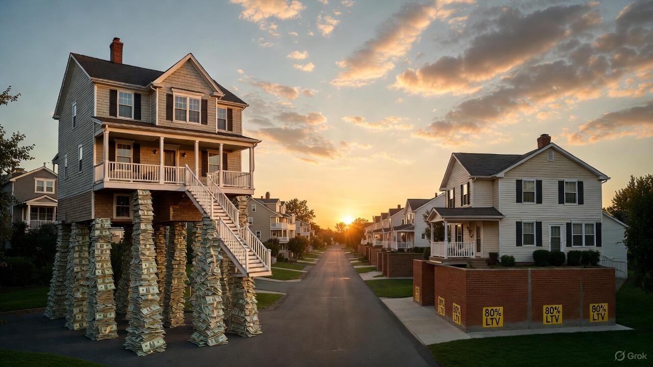 A leveraged house sitting on stilts of cash, versus an 80% LTV house on a brick foundation. 