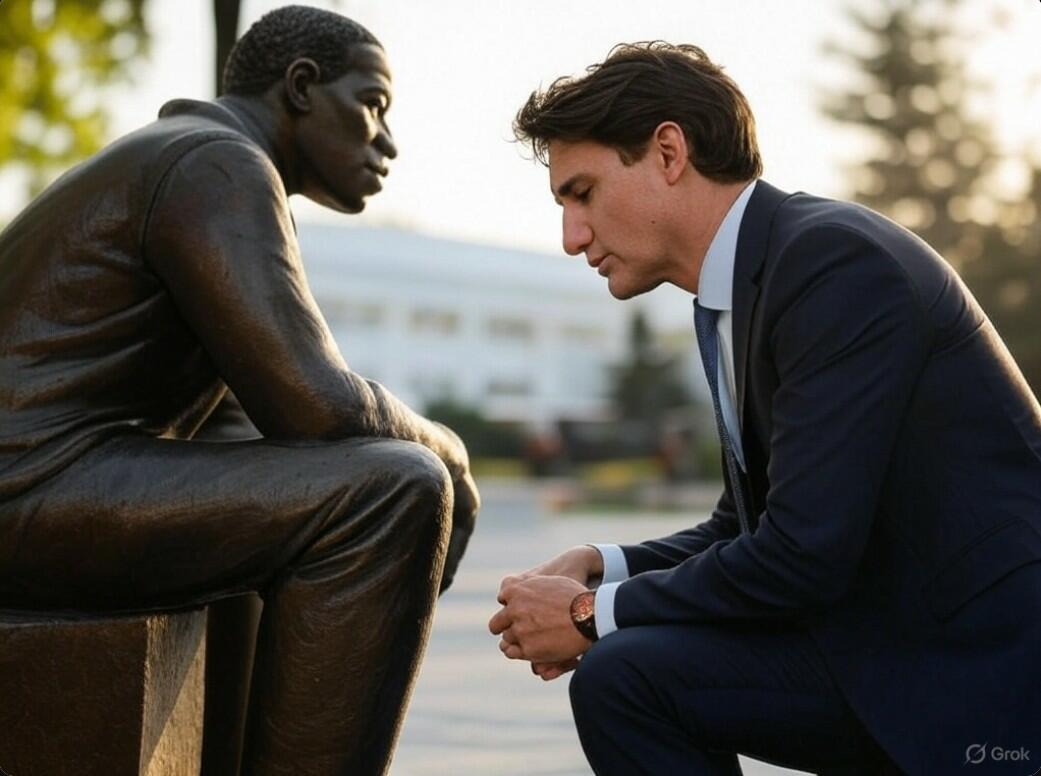 Justin Trudea kneeling before a statue of George Floyd.
