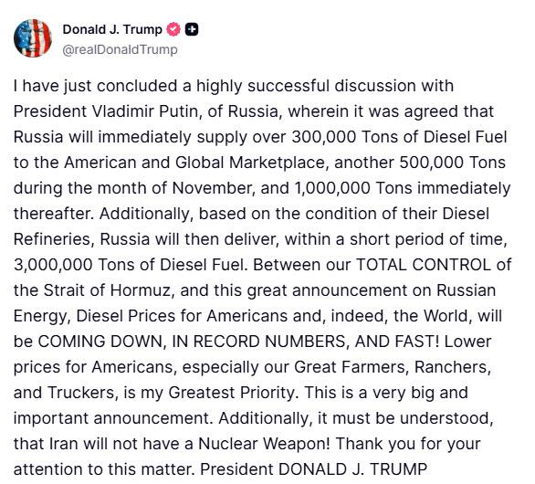 Oil Drops After Trump Says Putin Agreed To Release Some Diesel Into Global Market