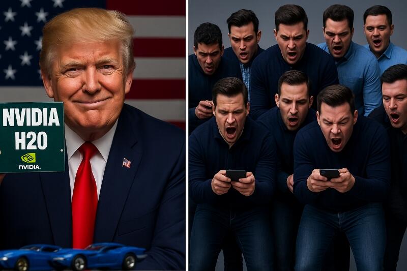 Trump holding up an Nvidia H20 chip while pundits angrily post on their phones. 