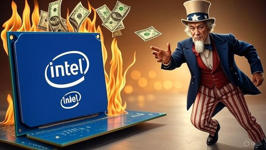 Uncle Sam throwing cash on a burning Intel chip. 