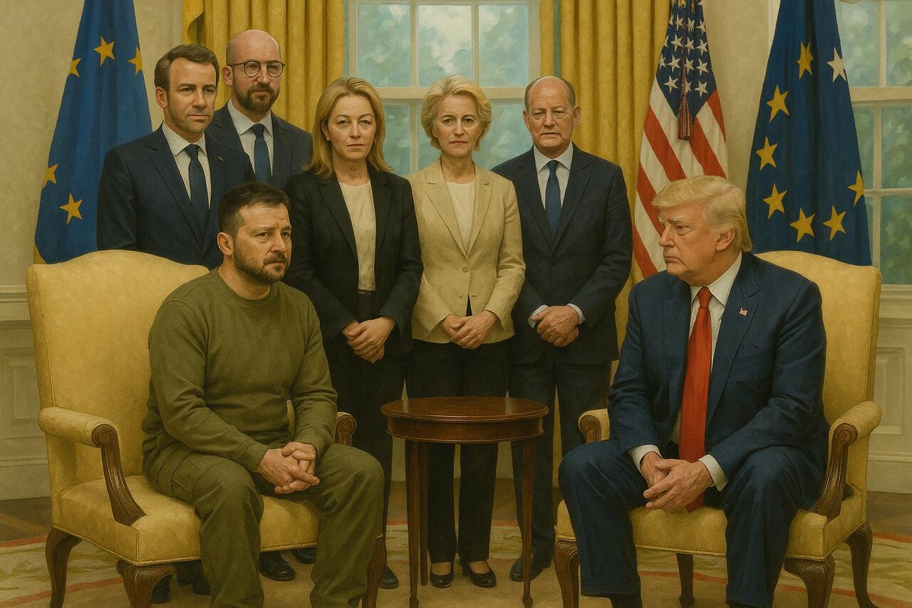 European leaders standing behind Zelensky in a White House meeting with Trump