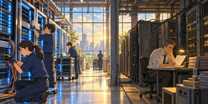Technicians install new AI servers while a finance officer studies costs beside an older server aisle