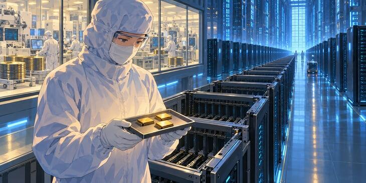 Illustration of scarce memory chips awaiting installation in an expanding AI data center