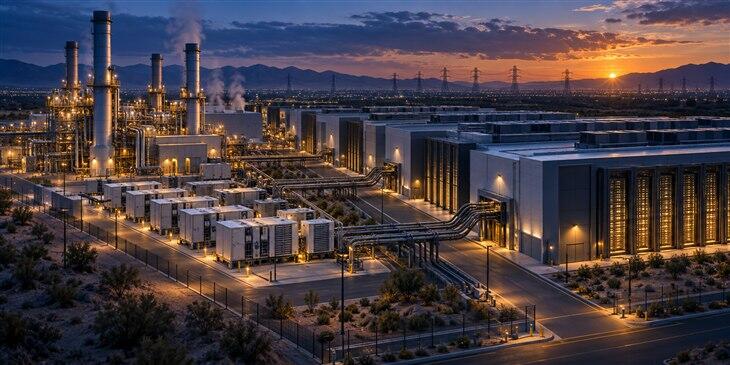 AI data center campus beside its own power-generation equipment at dusk