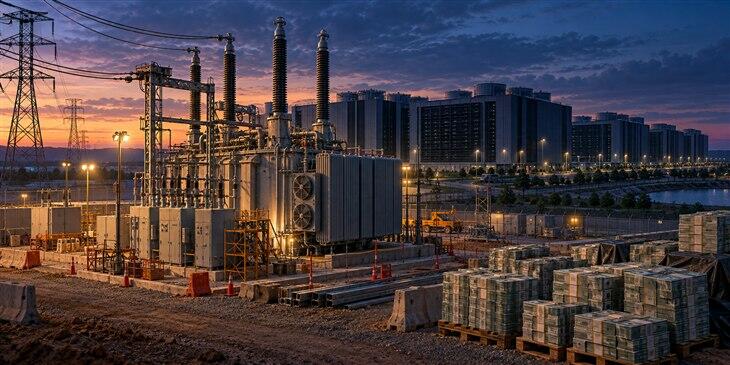 Electrical transformer and switchgear under construction beside an AI data center and stacks of capital
