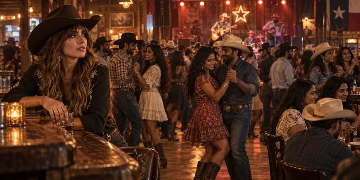 Ella Langley-inspired singer in a Texas dance hall filled with Indian-origin Texans in cowboy hats