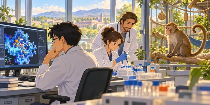 Illustration of scientists testing AI-designed molecules in a laboratory beside a healthy research monkey in an enriched enclosure.