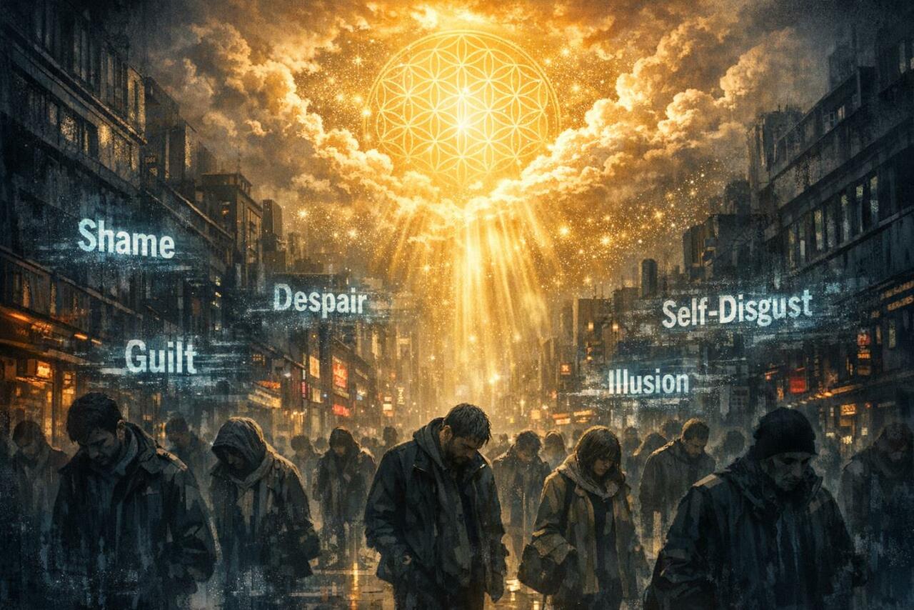 A dark street scene with people going about with heads hung low