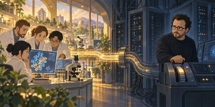 AI-generated editorial illustration of medical researchers and Dario Amodei at a compute throttle.