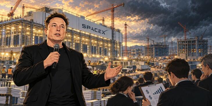 Editorial illustration of Elon Musk addressing investors beside competing AI data-center construction sites