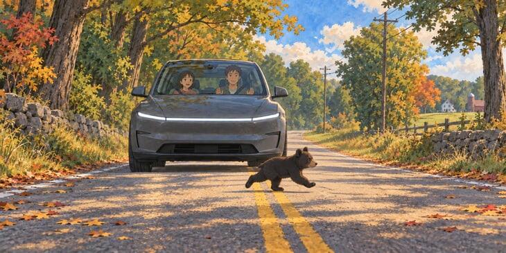 A black bear crosses in front of a Tesla Model Y on a rural road