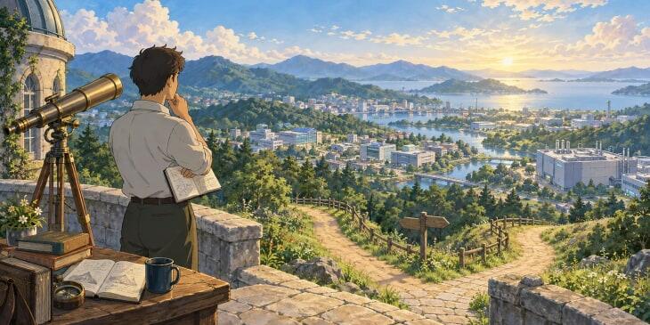 An investor surveys a landscape from a hilltop, with two paths ahead.