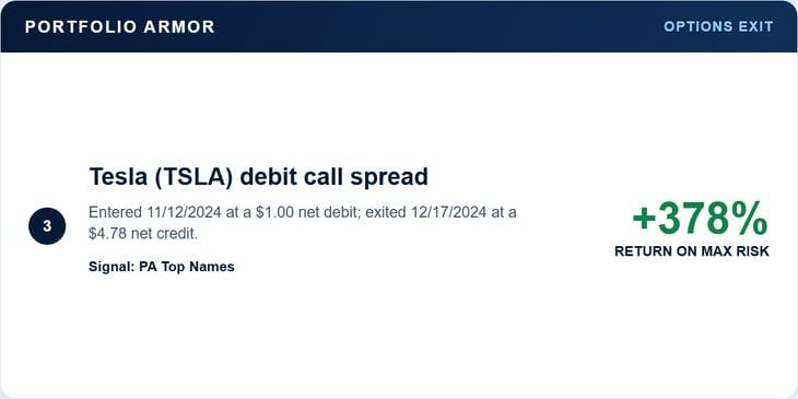 Tesla bullish call spread exit: 378% return on maximum risk