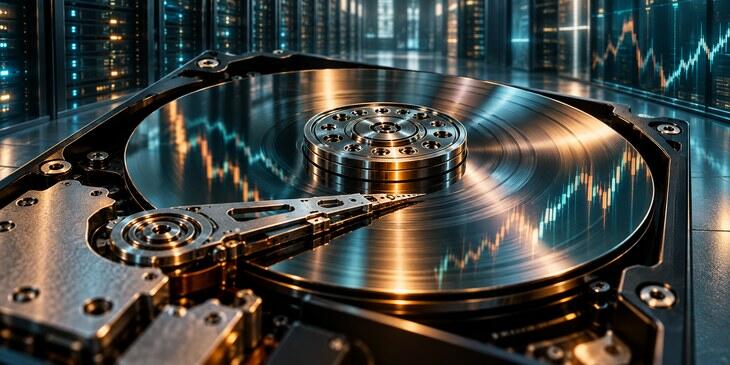 An open hard drive reflects market charts against data-center server racks.