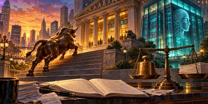 Illustration: a bronze bull climbs stock-exchange steps beside an AI server building, while a ledger and weighted balance evoke expensive capital.