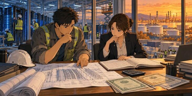 An engineer and finance manager review data-center plans, with oil tanks beyond the windows.