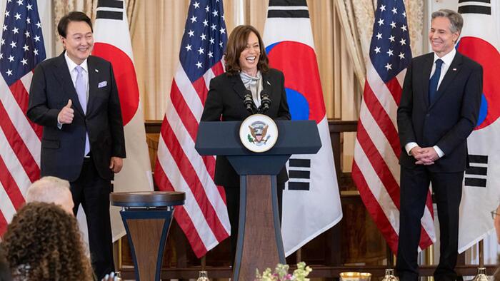NextImg:Watch: Kamala Harris Cites 'Squid Game' As Example Of "Intertwined History" Of US And South Korea