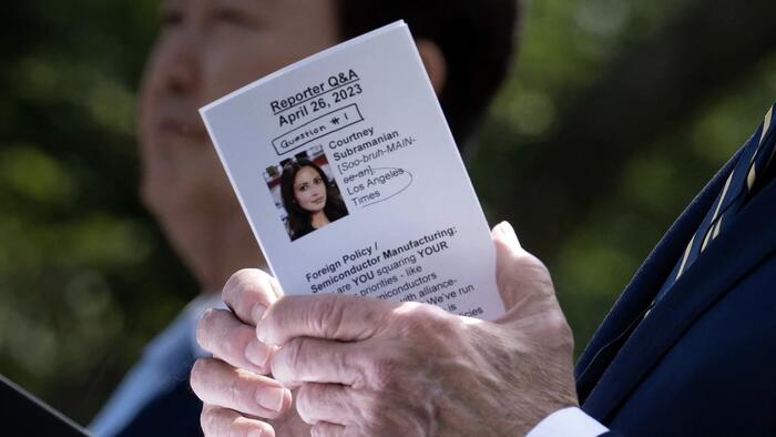 NextImg:Photo Shows Biden Cheat Sheet With Reporter's Full Question Given In Advance