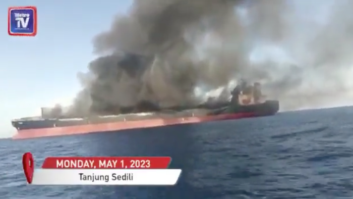 NextImg:Oil Tanker Engulfed In Flames Near Malaysia, Possibly Belonging To 'Shadow' Fleet