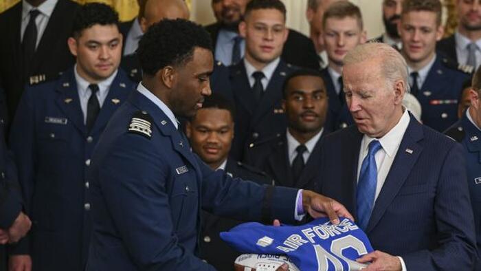 NextImg:Watch: Biden Awkwardly Wanders Away During Air Force Football Ceremony