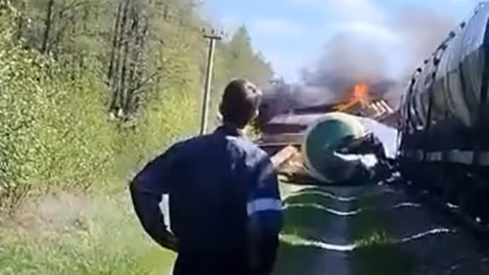 NextImg:Russian Freight Train Derails In Sabotage Attack As Airstrikes Pummel Ukraine For 2nd Day