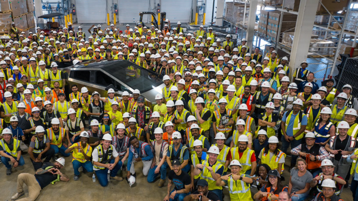 NextImg:First Tesla Cybertruck Rolls Off Production Line At Gigafactory Texas