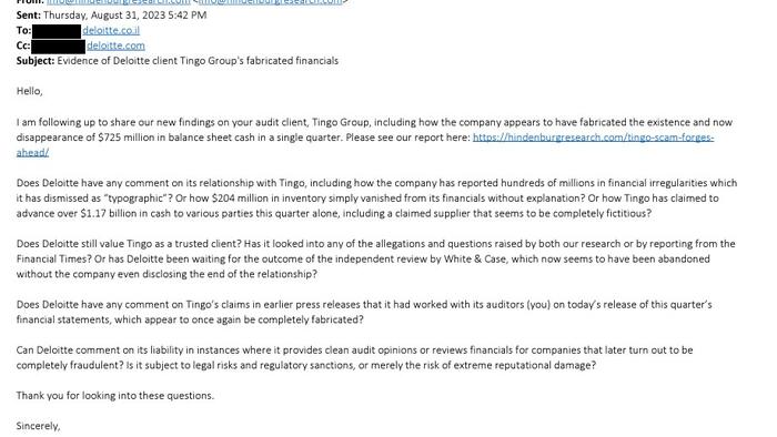 Hindenburg Founder Warned Deloitte 11 Times In 5 Months About Tingo's "Massive Fraud" Before SEC, DOJ Action