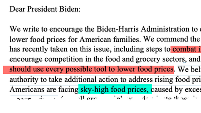NextImg:"Combat Illegal Corporate Behavior" - Dem Lawmakers Urge Biden To Use Executive Action Against High Food Prices