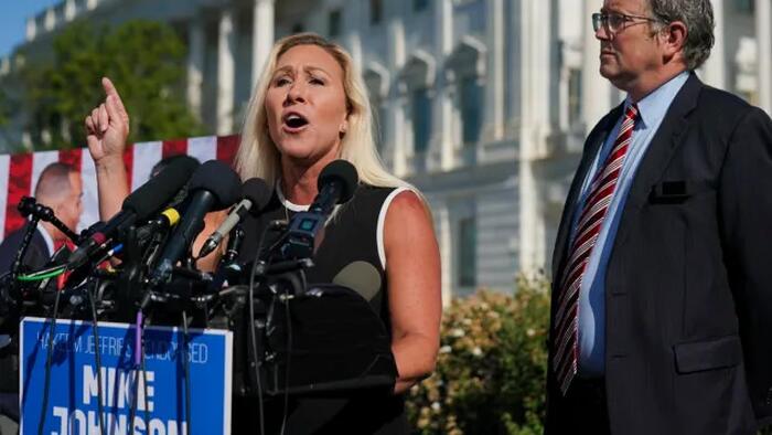 NextImg:MTG To Force Mike Johnson Ouster Vote Over Ukraine Money, But Top Dems Vow To Save Him
