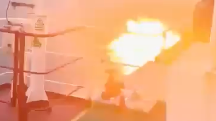 NextImg:Dramatic Video Shows Houthi Kamikaze Boat Drone Blown Up By Container Ship Crew