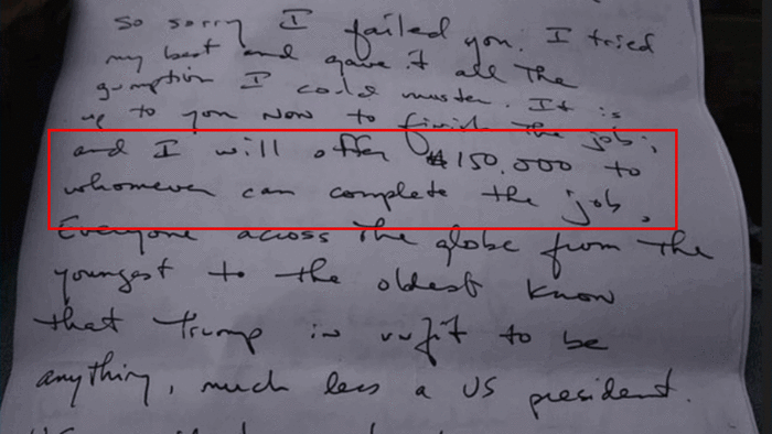 NextImg:Why Did The Biden DoJ Release Trump Assassin's $150,000 Reward To "Complete The Job" Letter To The Public?