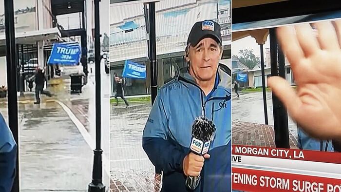 NextImg:Watch: Trump Supporter Runs Through Hurricane With Flag, Triggers Weatherman
