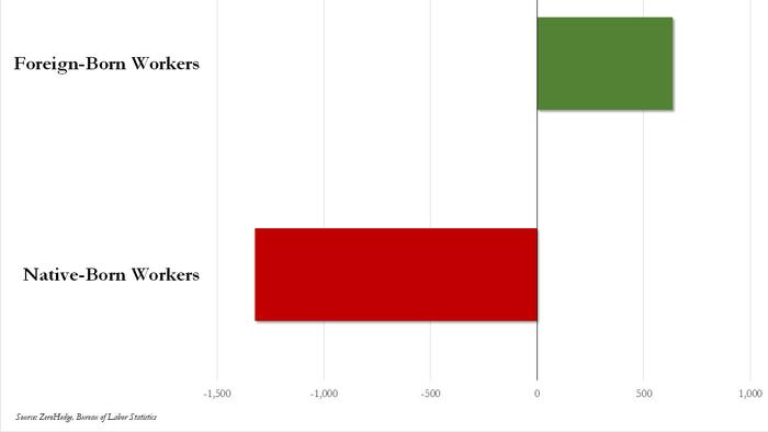 NextImg:Great Replacement Job Shock: 1.3 Million Native-Born Americans Just Lost Their Jobs, Replaced By 635,000 Immigrants