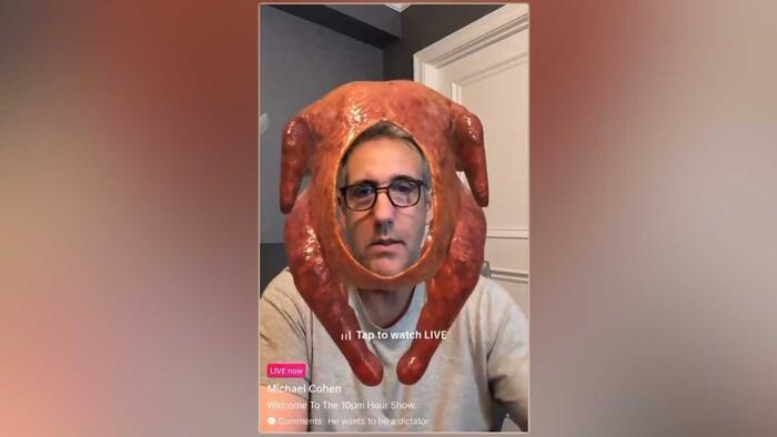 NextImg:Watch: Michael Cohen Mocked With Turkey Filter During Angry Livestream