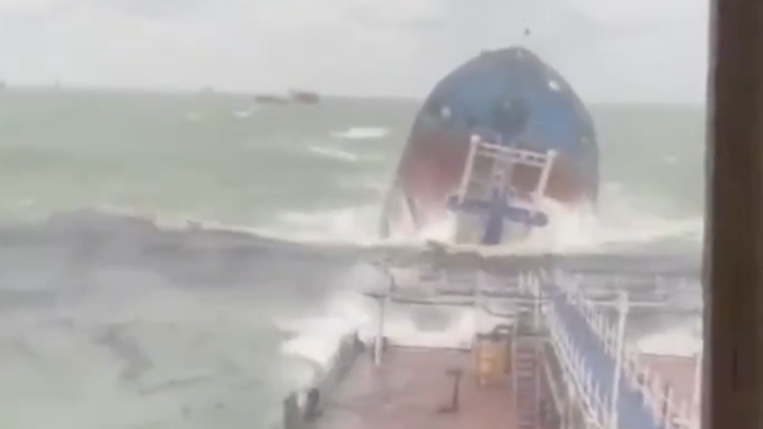 NextImg:Dramatic Video Shows Black Sea Storm Splitting Russian Oil Tanker In Half
