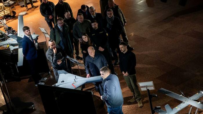 NextImg:Scholz In Surprise Ukraine Visit Inspects Kamikaze Drones, Unveils $680M New Arms Package
